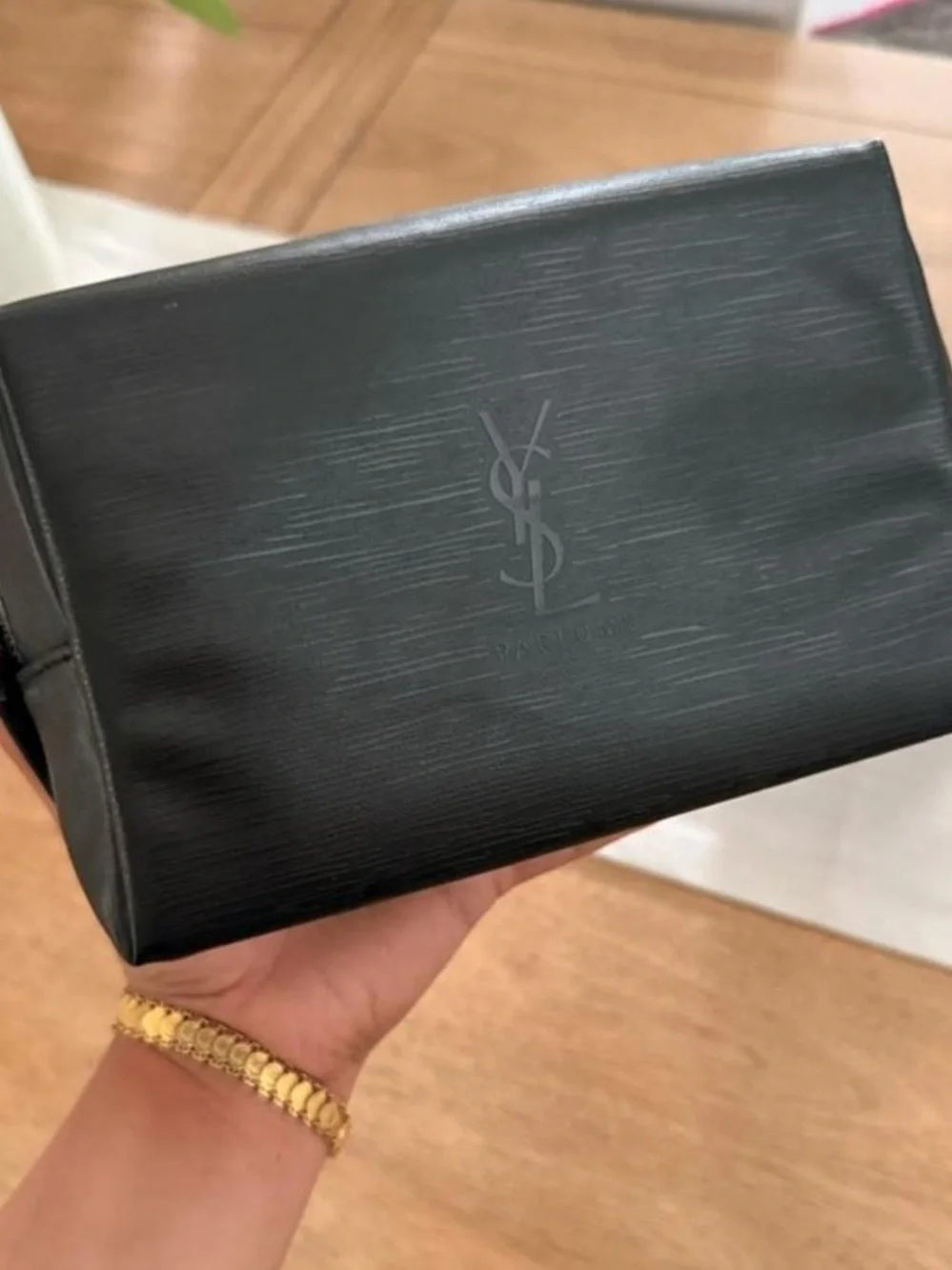 NWT Yves Saint Laurent YSL Embossed Black Leather Toiletry Pouch Makeup Bag